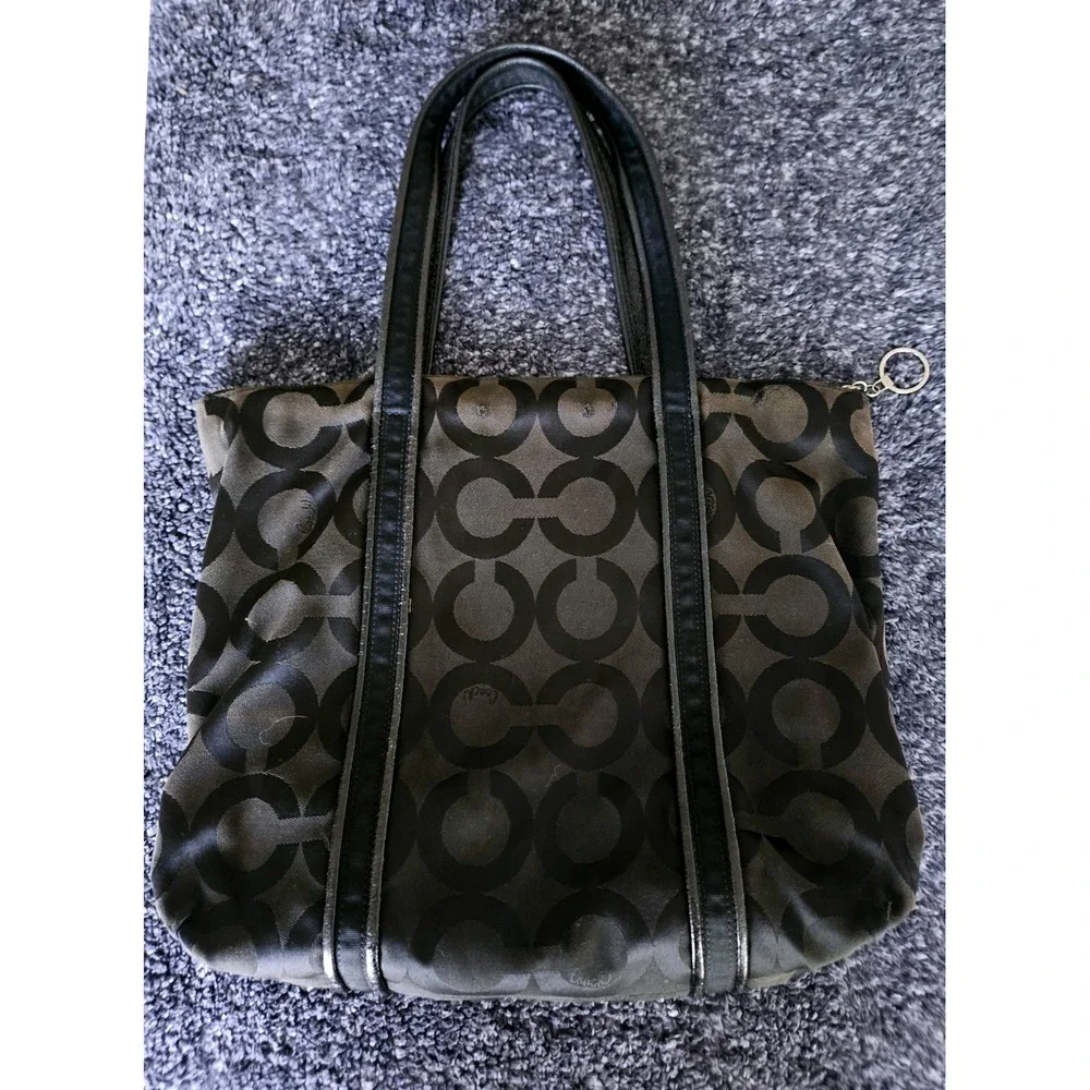 Coach Poppy‎ Signature Sateen Spotlight Tote Womens Large Black Grey Logo Y2K